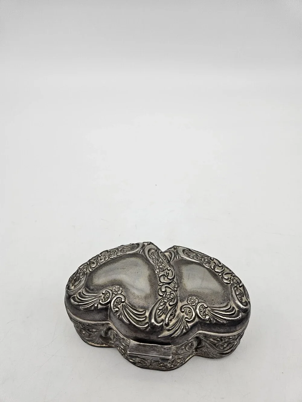 Vintage Embossed Silver Plate Heart Trinket Box Floral Design Jewelry Keepsake